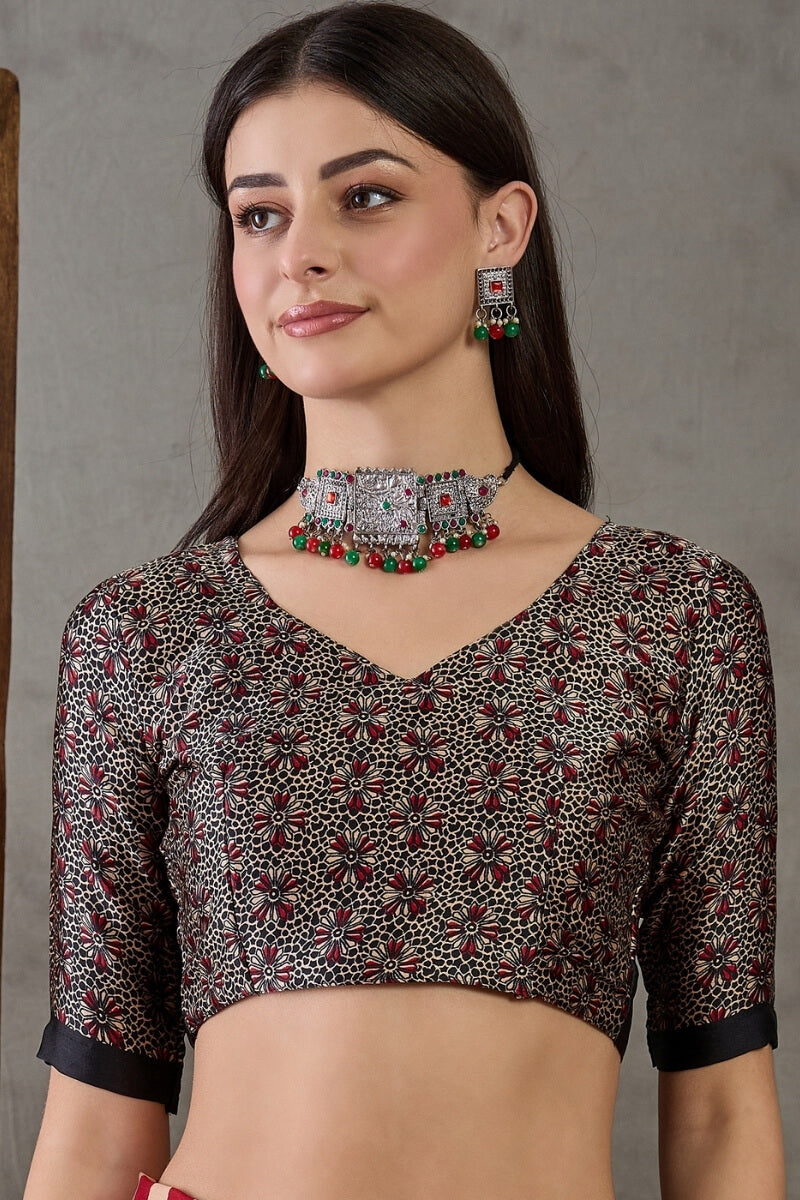 Improbable Red Ajrakh Printed Semi Modal Silk Saree With Exquisite Blouse Piece