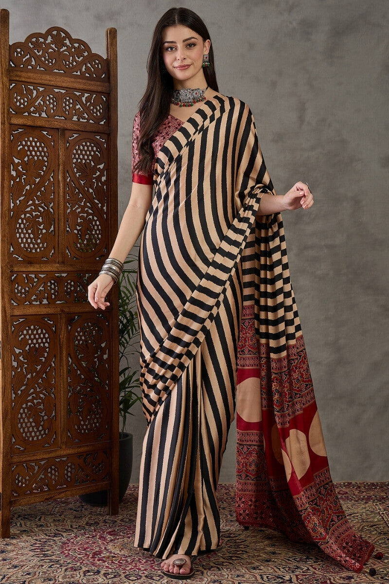 Designer Black Ajrakh Printed Semi Modal Silk Saree With Prodigal Blouse Piece
