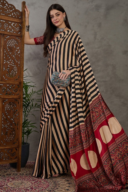 Designer Black Ajrakh Printed Semi Modal Silk Saree With Prodigal Blouse Piece