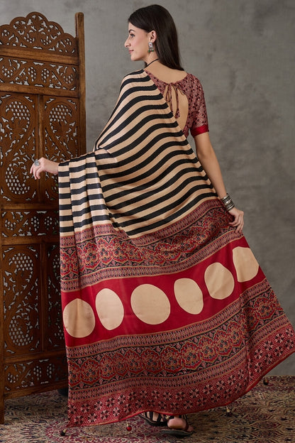 Designer Black Ajrakh Printed Semi Modal Silk Saree With Prodigal Blouse Piece