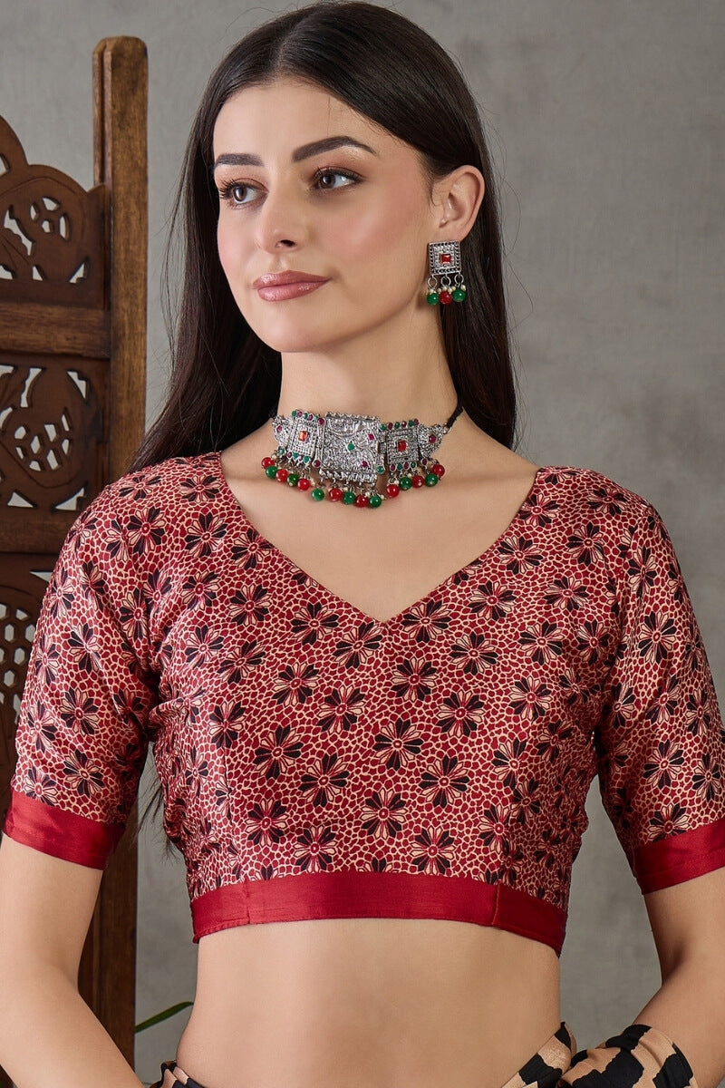 Designer Black Ajrakh Printed Semi Modal Silk Saree With Prodigal Blouse Piece