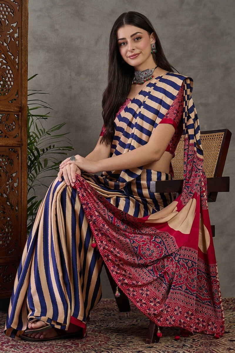 Luxuriant Blue Ajrakh Printed Semi Modal Silk Saree With Beauteous Blouse Piece