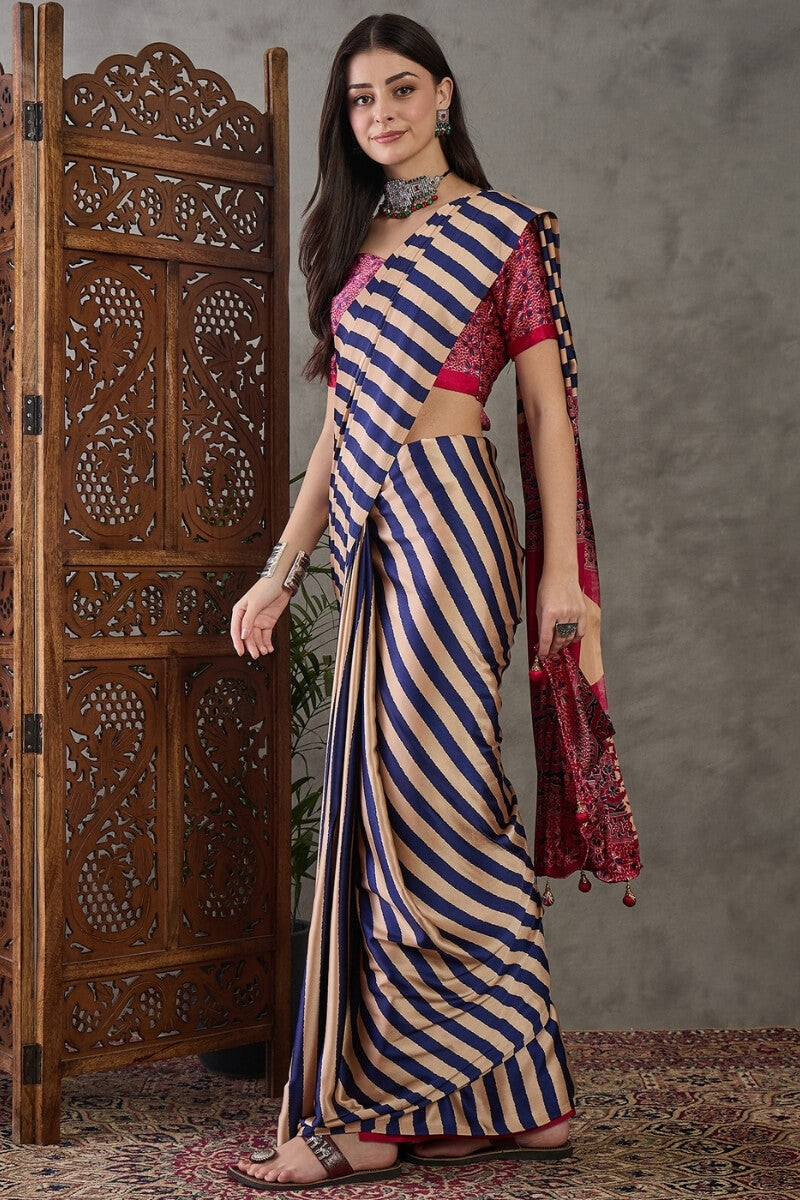 Luxuriant Blue Ajrakh Printed Semi Modal Silk Saree With Beauteous Blouse Piece