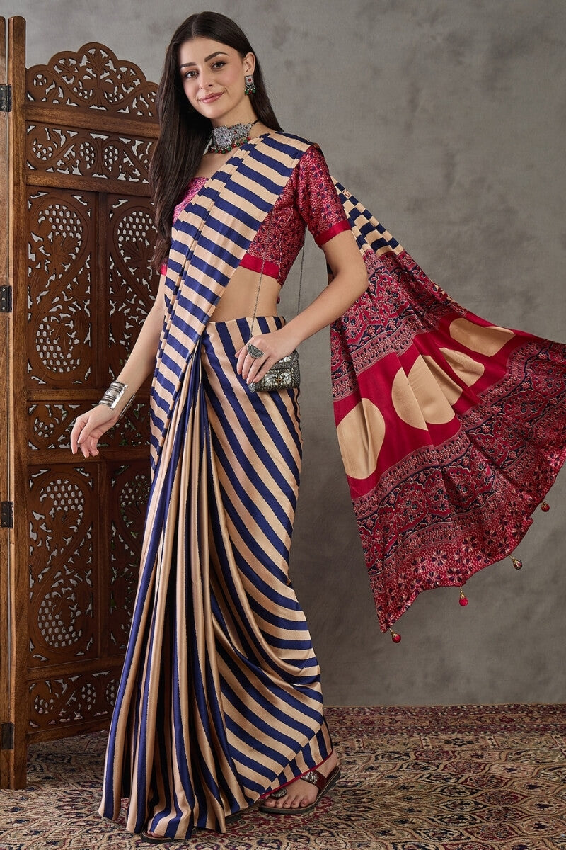 Luxuriant Blue Ajrakh Printed Semi Modal Silk Saree With Beauteous Blouse Piece