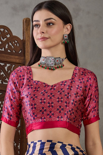 Luxuriant Blue Ajrakh Printed Semi Modal Silk Saree With Beauteous Blouse Piece