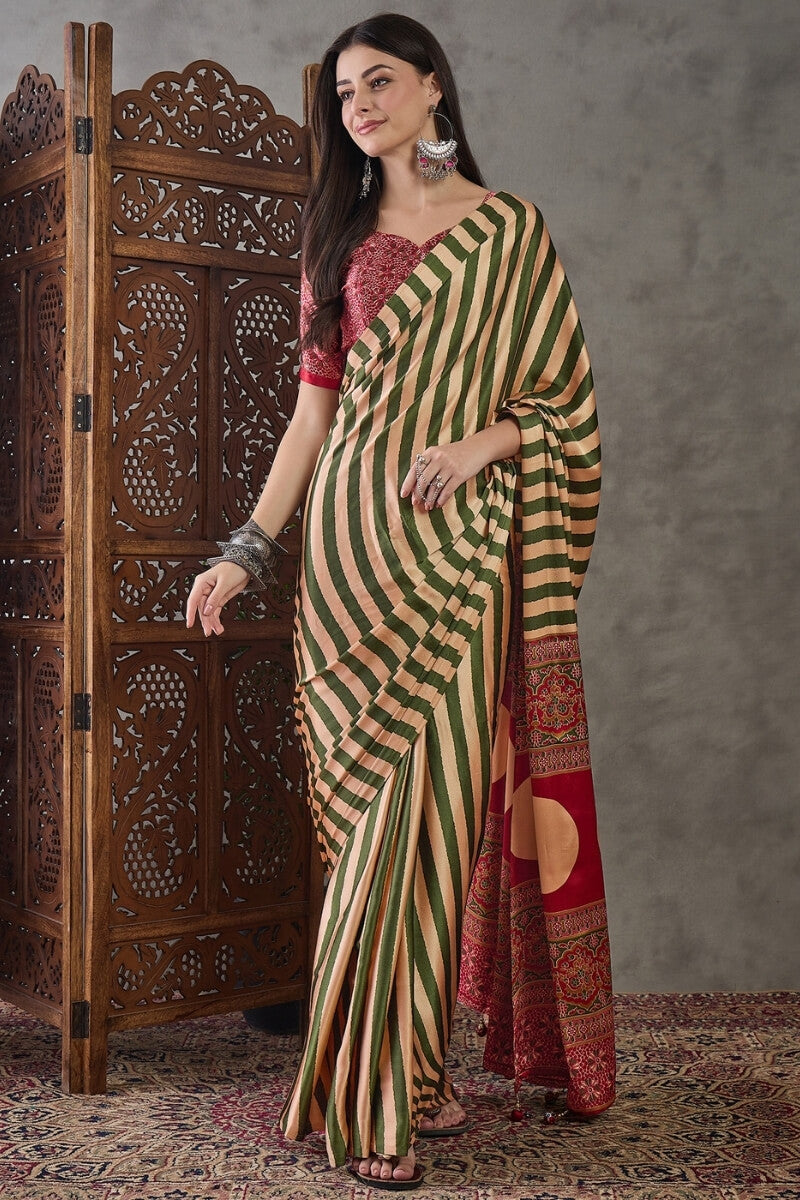 Surreptitious Green Ajrakh Printed Semi Modal Silk Saree With Pleasant Blouse Piece