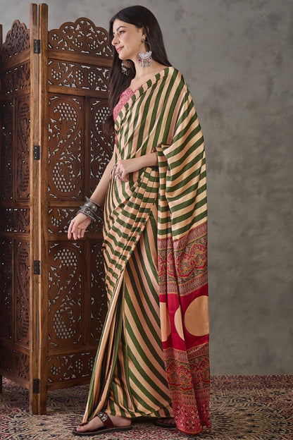 Surreptitious Green Ajrakh Printed Semi Modal Silk Saree With Pleasant Blouse Piece