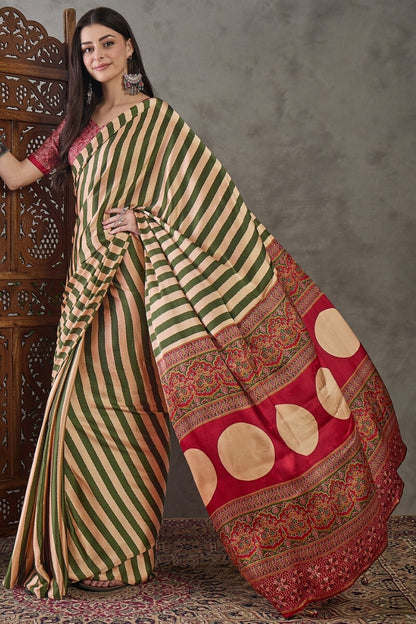 Surreptitious Green Ajrakh Printed Semi Modal Silk Saree With Pleasant Blouse Piece