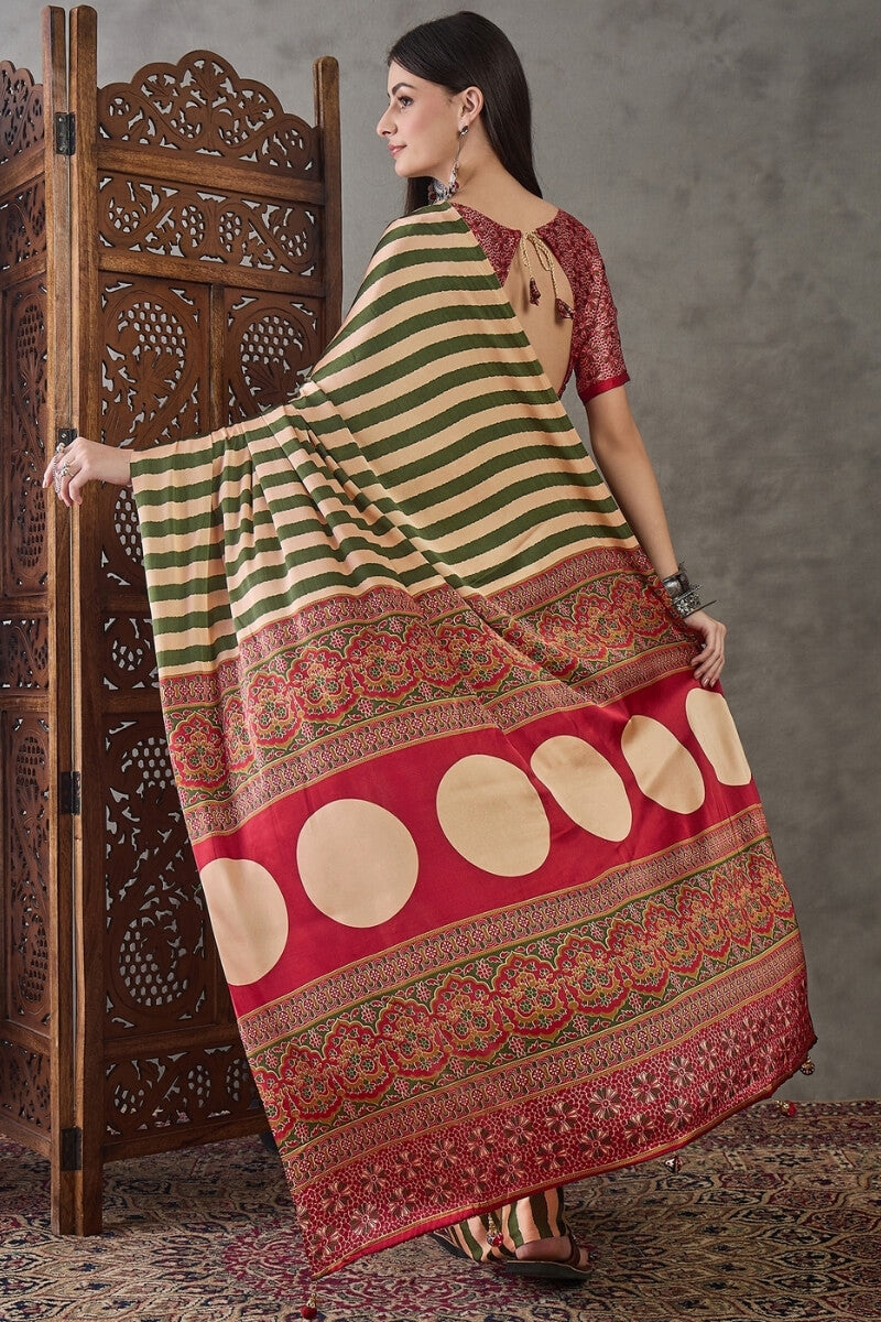 Surreptitious Green Ajrakh Printed Semi Modal Silk Saree With Pleasant Blouse Piece