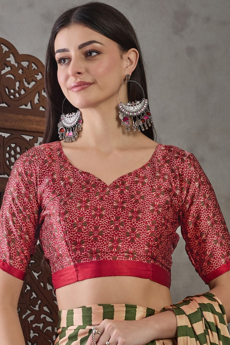 Surreptitious Green Ajrakh Printed Semi Modal Silk Saree With Pleasant Blouse Piece