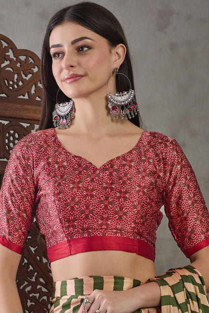 Surreptitious Green Ajrakh Printed Semi Modal Silk Saree With Pleasant Blouse Piece