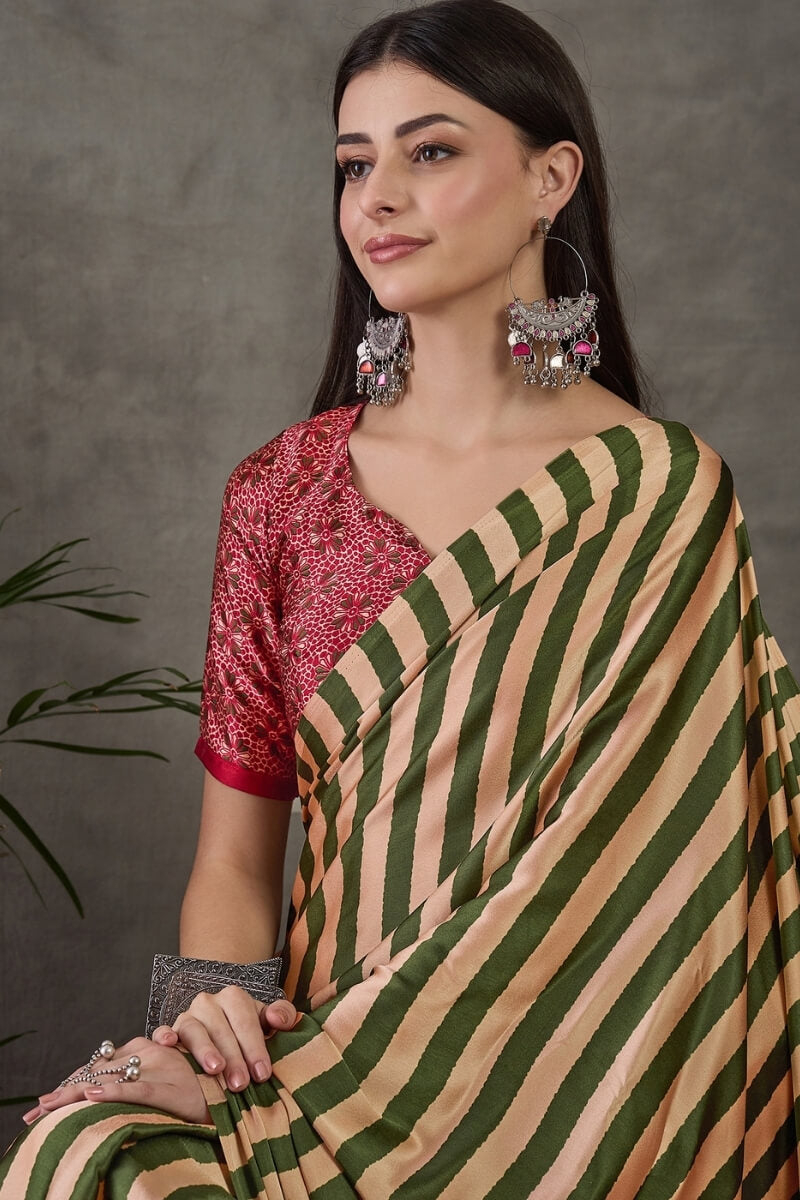 Surreptitious Green Ajrakh Printed Semi Modal Silk Saree With Pleasant Blouse Piece