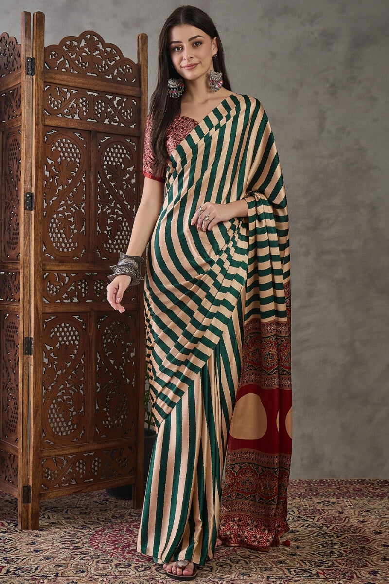 Dissemble Dark Green Ajrakh Printed Semi Modal Silk Saree With Glamorous Blouse Piece