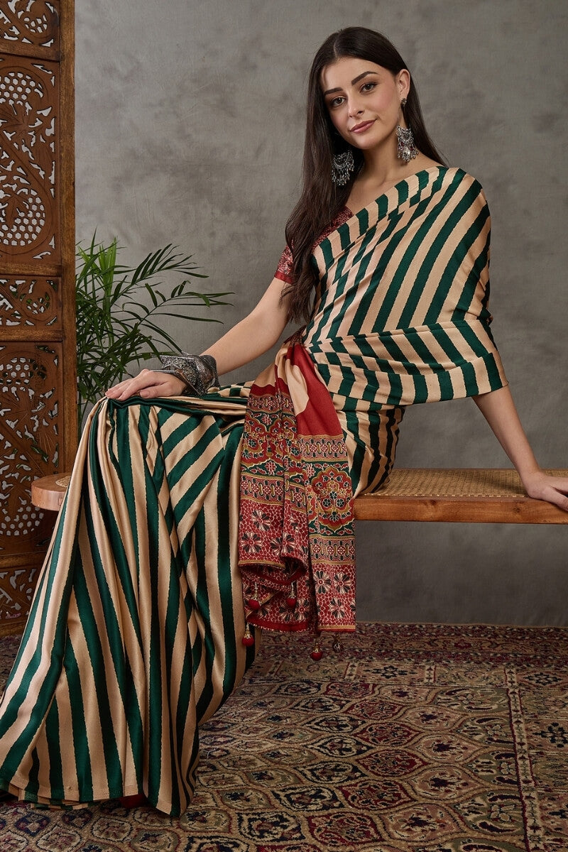 Dissemble Dark Green Ajrakh Printed Semi Modal Silk Saree With Glamorous Blouse Piece