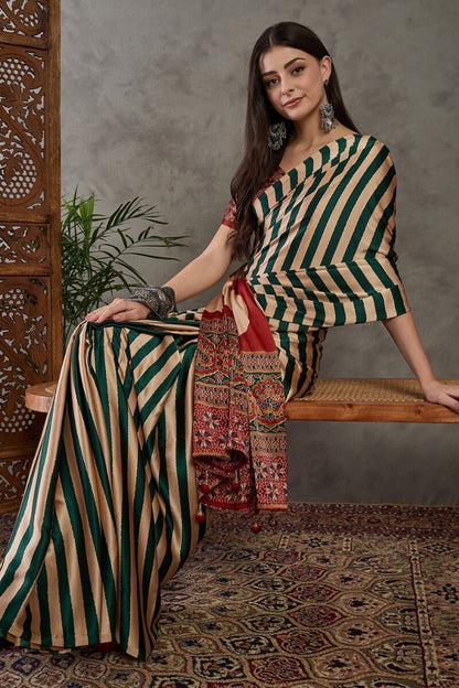 Dissemble Dark Green Ajrakh Printed Semi Modal Silk Saree With Glamorous Blouse Piece
