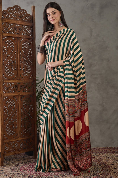 Dissemble Dark Green Ajrakh Printed Semi Modal Silk Saree With Glamorous Blouse Piece