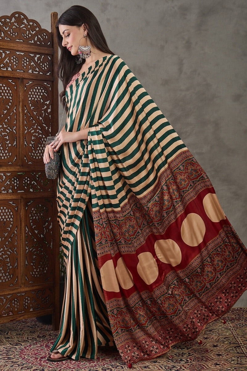 Dissemble Dark Green Ajrakh Printed Semi Modal Silk Saree With Glamorous Blouse Piece