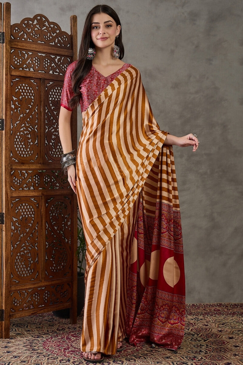 Zephyr Mustard Ajrakh Printed Semi Modal Silk Saree With Girlish Blouse Piece