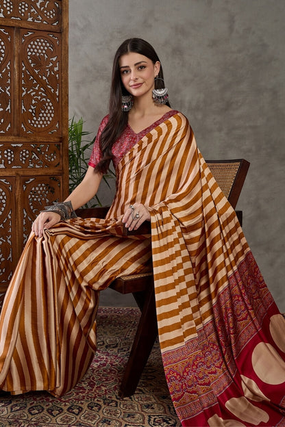 Zephyr Mustard Ajrakh Printed Semi Modal Silk Saree With Girlish Blouse Piece