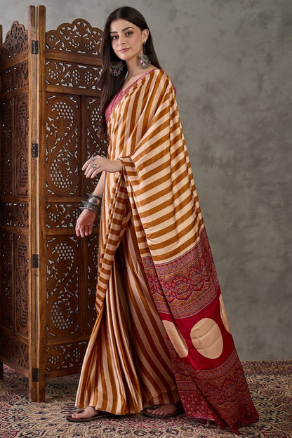 Zephyr Mustard Ajrakh Printed Semi Modal Silk Saree With Girlish Blouse Piece