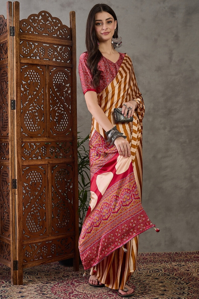 Zephyr Mustard Ajrakh Printed Semi Modal Silk Saree With Girlish Blouse Piece