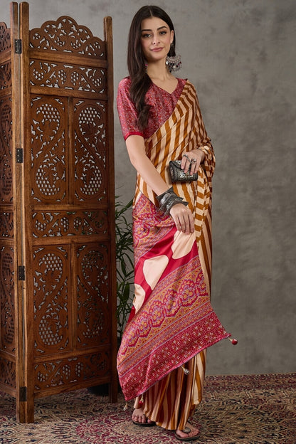 Zephyr Mustard Ajrakh Printed Semi Modal Silk Saree With Girlish Blouse Piece