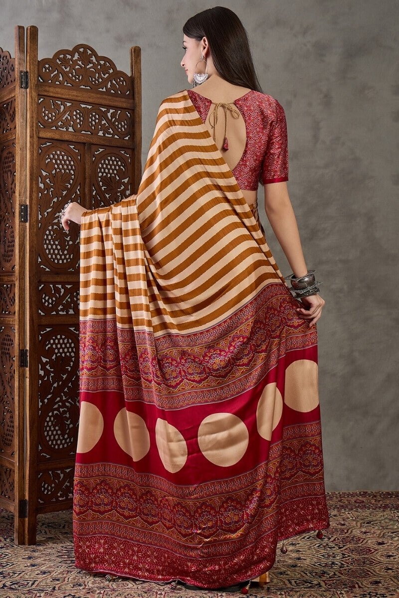 Zephyr Mustard Ajrakh Printed Semi Modal Silk Saree With Girlish Blouse Piece