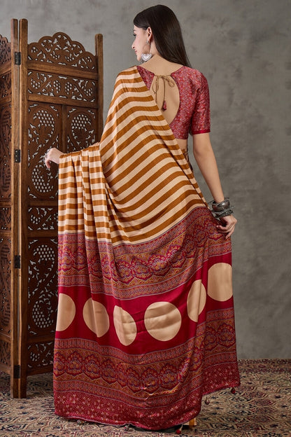 Zephyr Mustard Ajrakh Printed Semi Modal Silk Saree With Girlish Blouse Piece