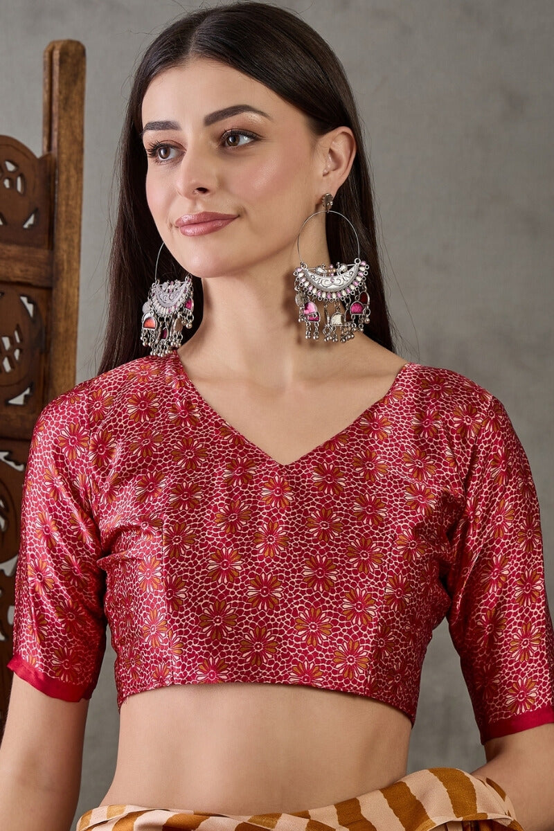 Zephyr Mustard Ajrakh Printed Semi Modal Silk Saree With Girlish Blouse Piece