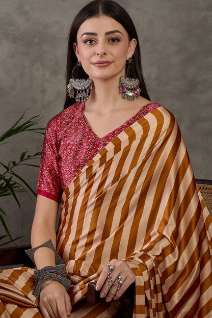 Zephyr Mustard Ajrakh Printed Semi Modal Silk Saree With Girlish Blouse Piece