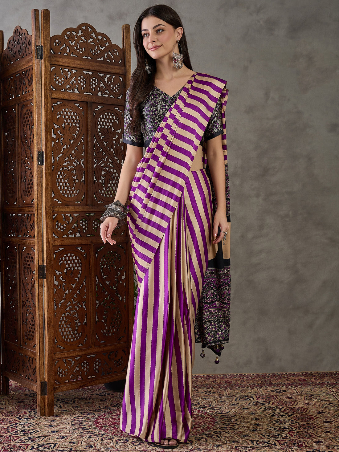 Traditional Purple Ajrakh Printed Semi Modal Silk Saree With Fancifull Blouse Piece