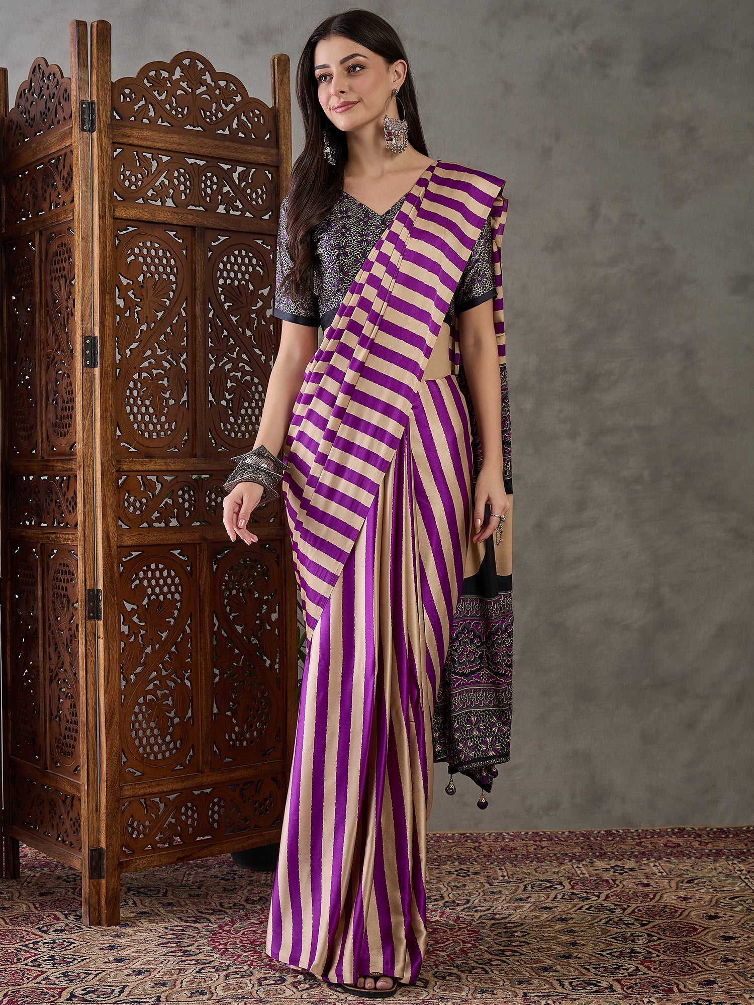 Traditional Purple Ajrakh Printed Semi Modal Silk Saree With Fancifull Blouse Piece