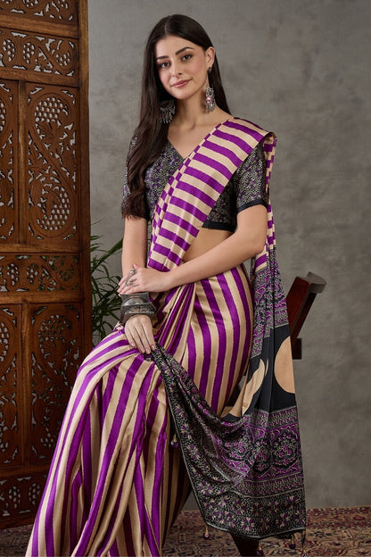Traditional Purple Ajrakh Printed Semi Modal Silk Saree With Fancifull Blouse Piece