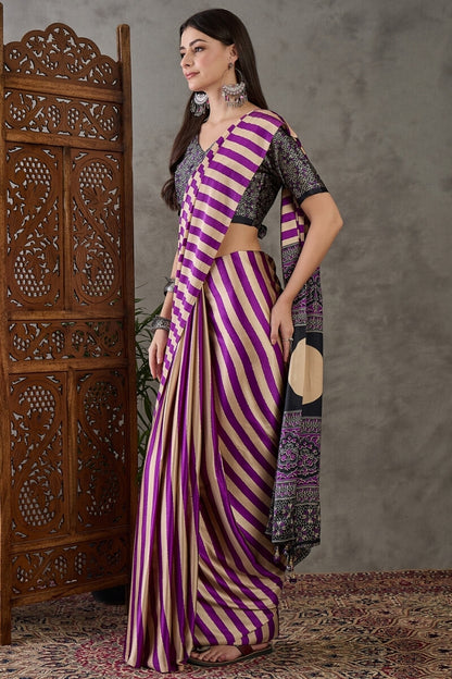 Traditional Purple Ajrakh Printed Semi Modal Silk Saree With Fancifull Blouse Piece