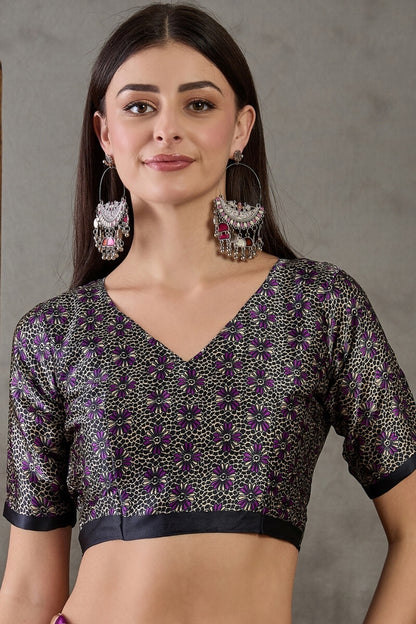 Traditional Purple Ajrakh Printed Semi Modal Silk Saree With Fancifull Blouse Piece