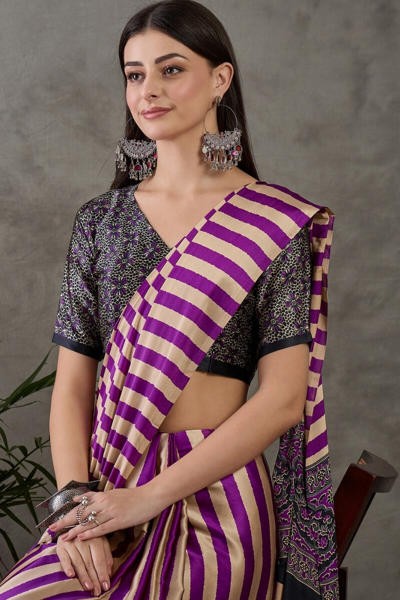 Traditional Purple Ajrakh Printed Semi Modal Silk Saree With Fancifull Blouse Piece
