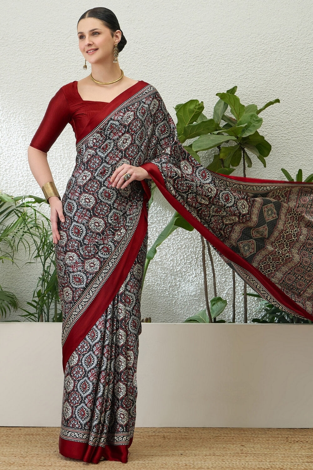 Sophisticated Grey Ajrakh Printed Semi Modal Silk Saree With Flaunt Blouse Piece