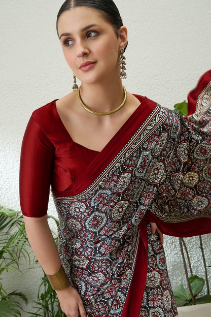 Sophisticated Grey Ajrakh Printed Semi Modal Silk Saree With Flaunt Blouse Piece