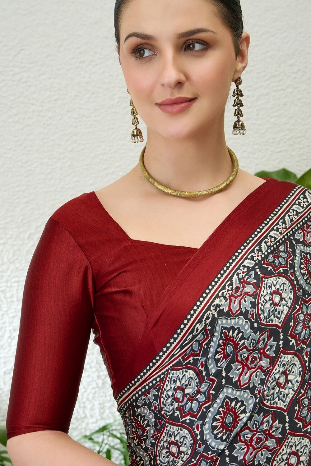 Sophisticated Grey Ajrakh Printed Semi Modal Silk Saree With Flaunt Blouse Piece