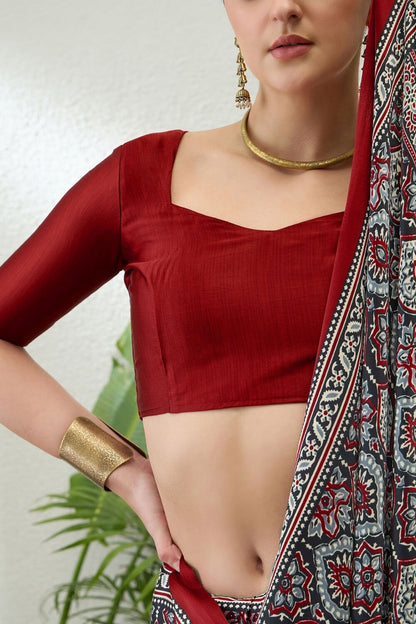 Sophisticated Grey Ajrakh Printed Semi Modal Silk Saree With Flaunt Blouse Piece