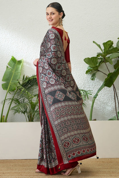 Sophisticated Grey Ajrakh Printed Semi Modal Silk Saree With Flaunt Blouse Piece