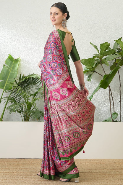 Enigmatic Dark Pink Ajrakh Printed Semi Modal Silk Saree With Alluring Blouse Piece