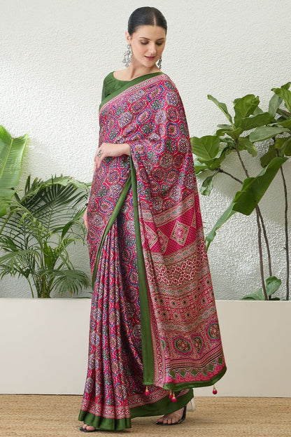 Enigmatic Dark Pink Ajrakh Printed Semi Modal Silk Saree With Alluring Blouse Piece