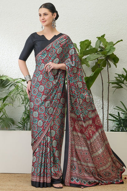 Enthralling Maroon Ajrakh Printed Semi Modal Silk Saree With Demesne Blouse Piece