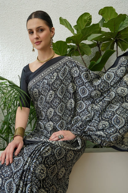 Efflorescence Black Ajrakh Printed Semi Modal Silk Saree With Angelic Blouse Piece