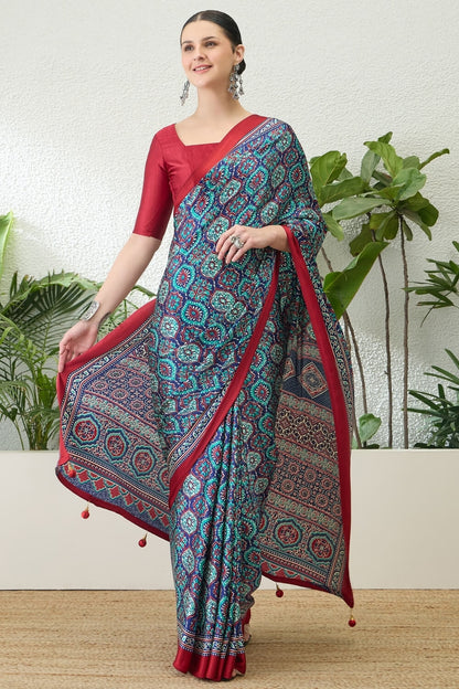 Dazzling Navy Blue Ajrakh Printed Semi Modal Silk Saree With Fairytale Blouse Piece