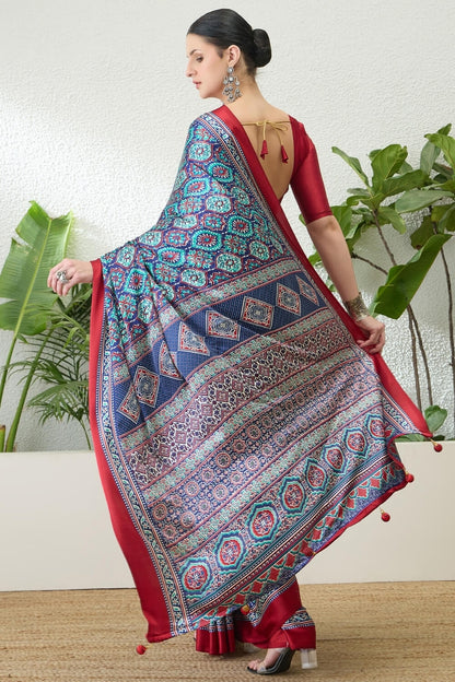 Dazzling Navy Blue Ajrakh Printed Semi Modal Silk Saree With Fairytale Blouse Piece
