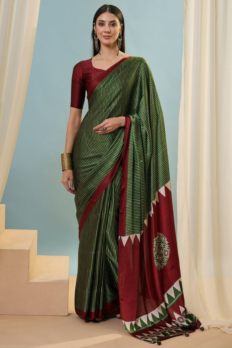 Transcendent Dark Green Ajrakh Printed Semi Modal Silk Saree With Winsome Blouse Piece