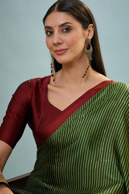 Transcendent Dark Green Ajrakh Printed Semi Modal Silk Saree With Winsome Blouse Piece