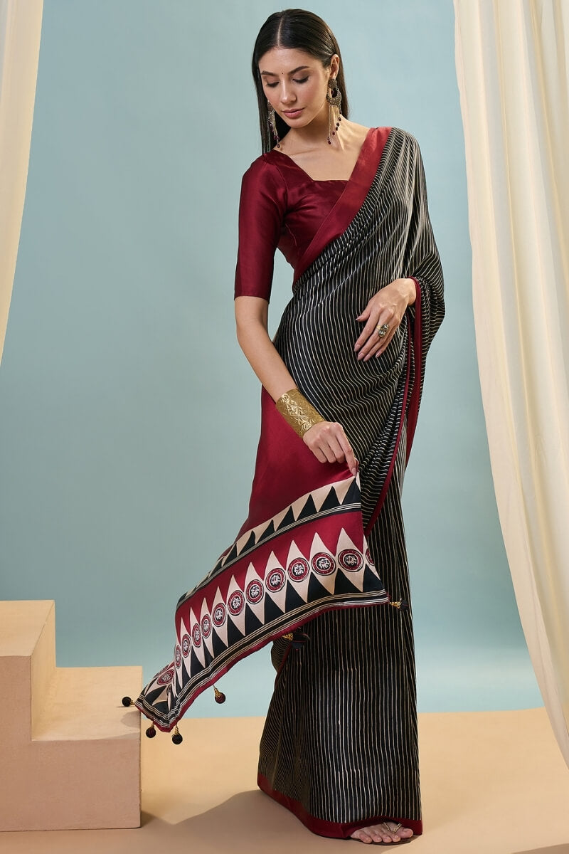 Verdant Black Ajrakh Printed Semi Modal Silk Saree With Vivacious Blouse Piece